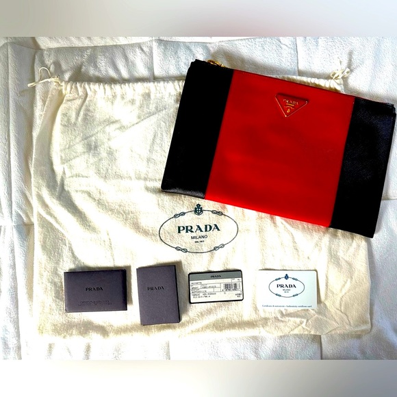 Authentic Prada Saffiano Lux Pochette in Nero + Fuoco - Picture 13 of 13